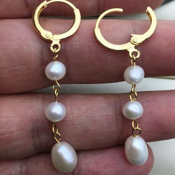 Handmade White Cultured Pearl Hoop Earrings - 14K Gold Plate - Picture 3 of 8